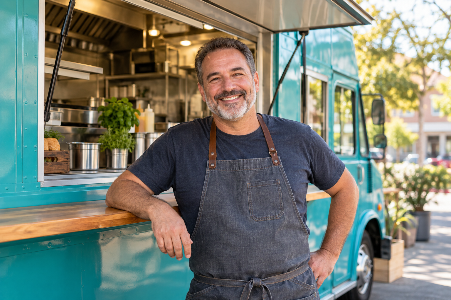 Illustrative smiling business owner beside a teal food truck